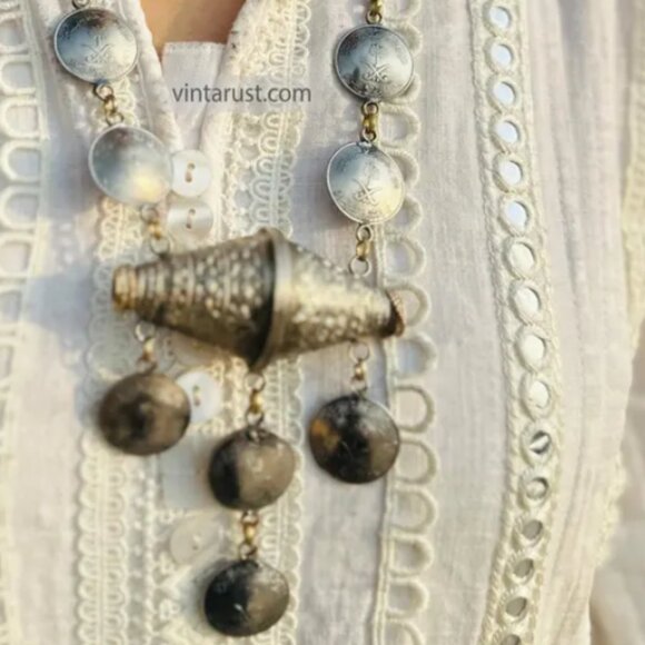 Silver Vintage Necklace with Dangling Pendant, Kuchi Handmade Necklace - Picture 3 of 6